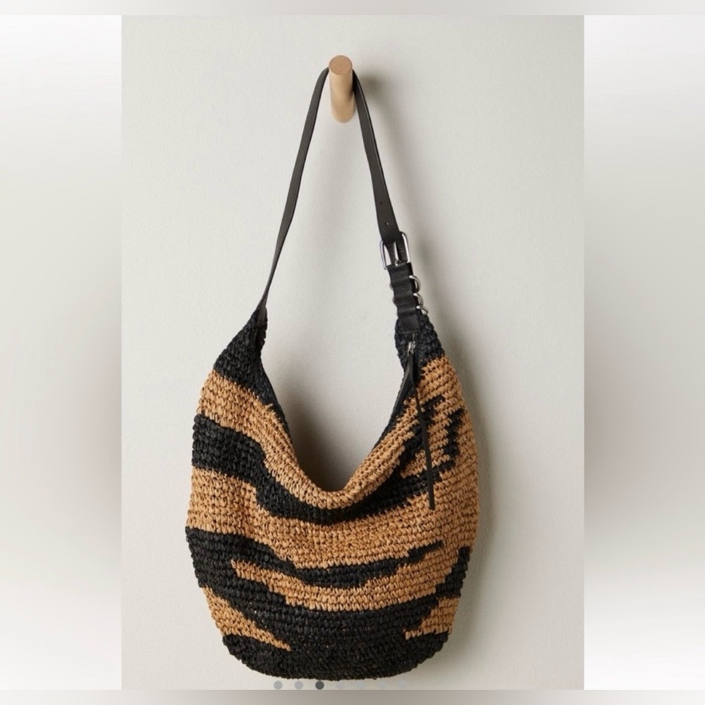 NWT Free People Santorini Straw Tote Bag Black/Tan